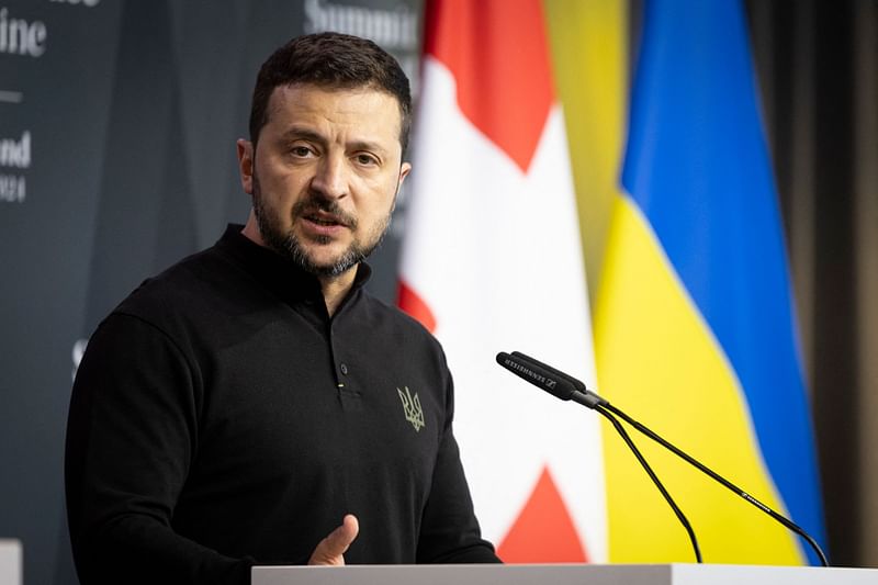 Ukrainian President Volodymyr Zelensky speaks during a joint press conference with Swiss Federal President as part of a Summit on Peace in Ukraine at the luxury Burgenstock resort, near Lucerne in central Switzerland, on June 15, 2024.