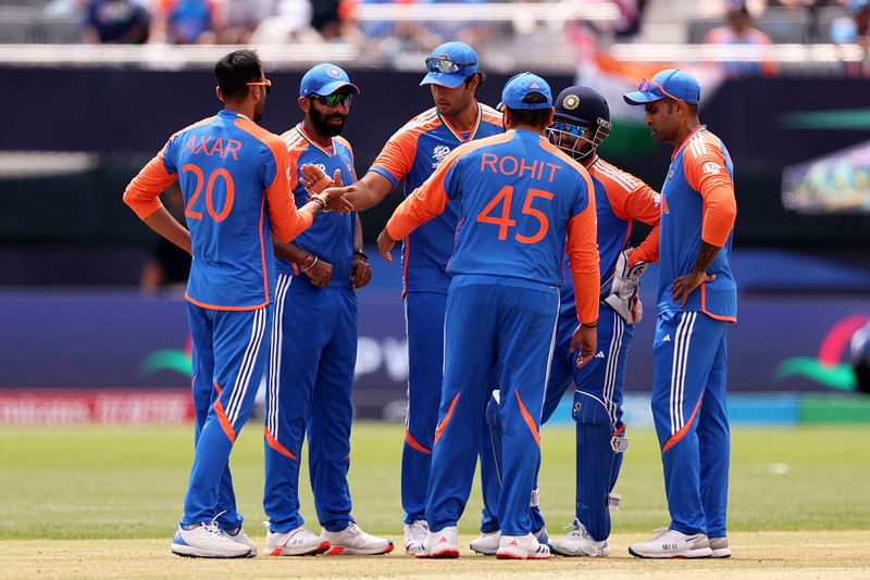 Axar Patel of India celebrate with teammates after dismissing Steven Taylor of the USA during the ICC Men’s T20 Cricket World Cup West Indies & USA 2024 match between USA and India at Nassau County International Cricket Stadium on 12 June, 2024 in New York