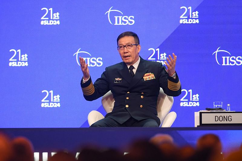 China’s Defence Minister Dong Jun speaks during the 21st Shangri-La Dialogue summit at the Shangri-La Hotel in Singapore on 2 June, 2024