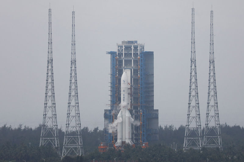 The Chang'e 6 lunar probe and the Long March-5 Y8 carrier rocket combination sit atop the launch pad at the Wenchang Space Launch Site in Hainan province, China 3 May 2024.