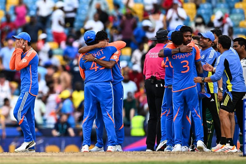 India teammates celebrate winning the ICC men's Twenty20 World Cup 2024 final cricket match between India and South Africa at Kensington Oval in Bridgetown, Barbados, on 29 June 2024.