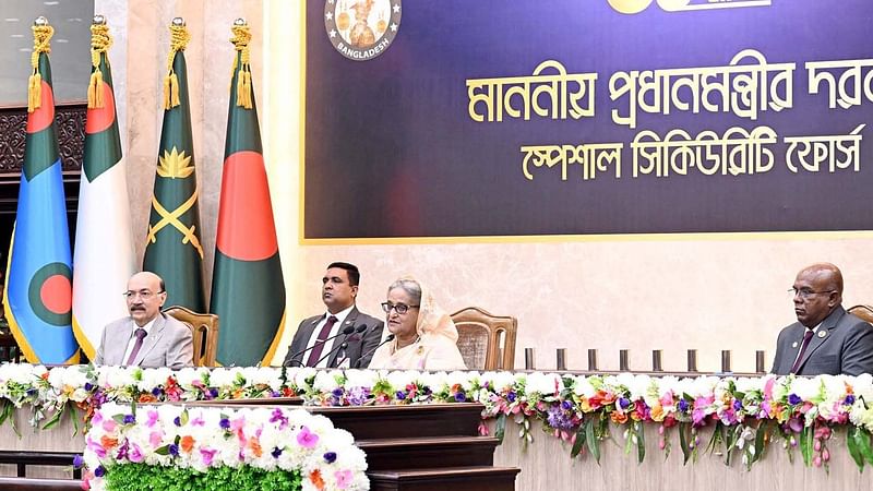 Prime minister Sheikh Hasina speaks at the Darbar of the SSF on its 38th founding anniversary at the Prime Minister's Office (PMO) in Dhaka on 26 June, 2024.