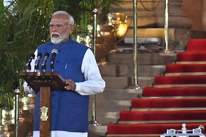 India’s Bharatiya Janata Party (BJP) leader, Narendra Modi takes the oath of office as the country's Prime Minister during the oath-taking ceremony at the presidential palace Rashtrapati Bhavan in New Delhi on June 9, 2024.