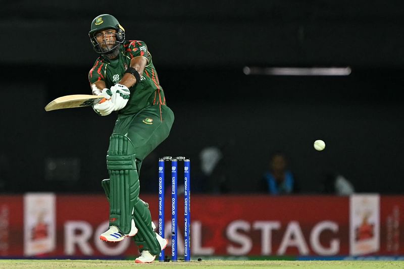 Bangladesh's Mahmudullah plays a shot during the ICC men's Twenty20 World Cup 2024 group D cricket match between Sri Lanka and Bangladesh at the Grand Prairie Cricket Stadium in Grand Prairie, Texas, on 7 June 2024