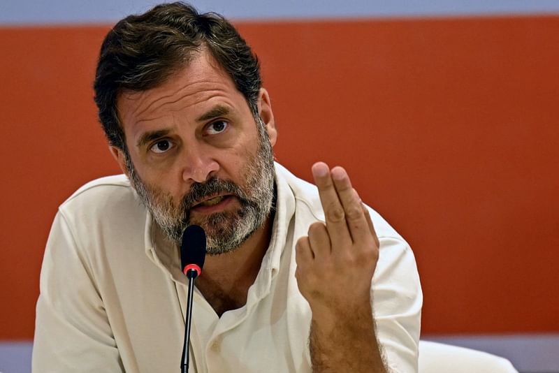 Indian National Congress party leader Rahul Gandhi speaks during a press conference in Ghaziabad on 17 April, 2024.