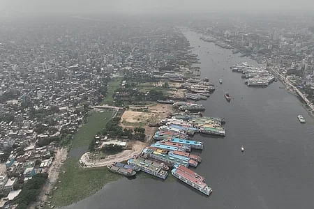 Various powerful persons have built up 27 dockyards under various names within the Buriganga river's demarcation pillars. BIWTA is taking up no eviction drive. Recent picture of Buriganga at Shubhadhya in Keraniganj