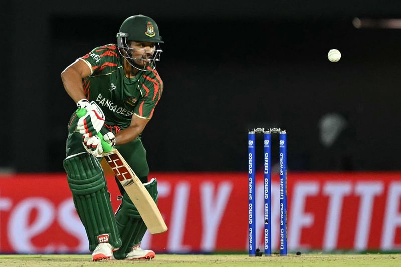 Bangladesh's captain Najmul Hossain Shanto plays a shot during the ICC men's Twenty20 World Cup 2024 group D cricket match between Sri Lanka and Bangladesh at the Grand Prairie Cricket Stadium in Grand Prairie, Texas, USA on 7 June 2024.