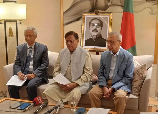 Foreign minister Hasan Mahmud is talking to newsmen. Bangladesh high commissioner in India, Mustafizur Rahman (Left) and prime minister's press secretary Naimul Islam Khan (right) were with the foreign minister.