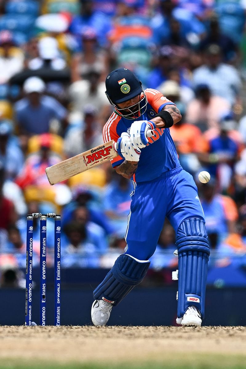 India's Virat Kohli hits a shot and gets caught out during the ICC men's Twenty20 World Cup 2024 final cricket match between India and South Africa at Kensington Oval in Bridgetown, Barbados, on 29 June 2024