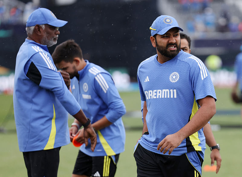 India’s Rohit Sharma walks on the pitch in light rain during the warm up before the ICC T20 World Cup 2024 Group A match against Pakistan at Nassau County International Cricket Stadium, New York, United States on 9 June, 2024