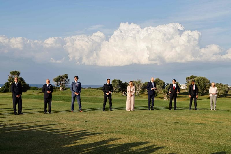 (From L-R) President of the European Council Charles Michel, German Chancellor Olaf Scholz, Canadian Prime Minister Justin Trudeau, French President Emmanuel Macron, Italy’s Prime Minister Giorgia Meloni, US President Joe Biden, Japanese Prime Minister Fumio Kishida, British Prime Minister Rishi Sunak and President of the European Commission Ursula von der Leyen pose for a family photo during a flag ceremony with paratroopers at Borgo Egnazia Golf Club San Domenico as part of the G7 Summit hosted by Italy in Apulia region, on 13 June, 2024 in Savelletri