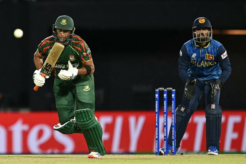 Bangladesh's Mahmudullah plays a shot during the ICC men's Twenty20 World Cup 2024 group D cricket match between Sri Lanka and Bangladesh at the Grand Prairie Cricket Stadium in Grand Prairie, Texas, on 7 June 2024.