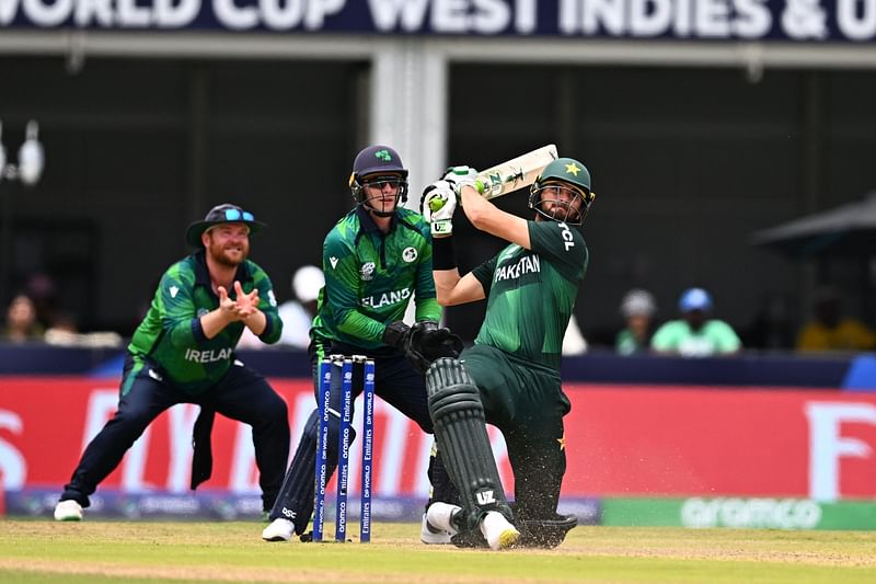 Shaheen Shah Afridi hits a 6 during the group A cricket match between Pakistan and Ireland at Central Broward Park and Broward County Stadium in Lauderhill, Florida on 16 June, 2024.