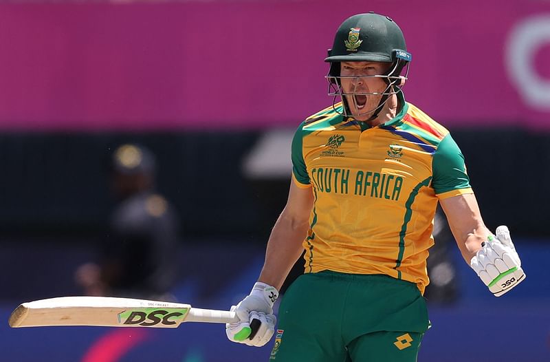 David Miller of South Africa celebrates following the team's victory with Netherlands at Nassau County International Cricket Stadium on 8 June, 2024 in New York.