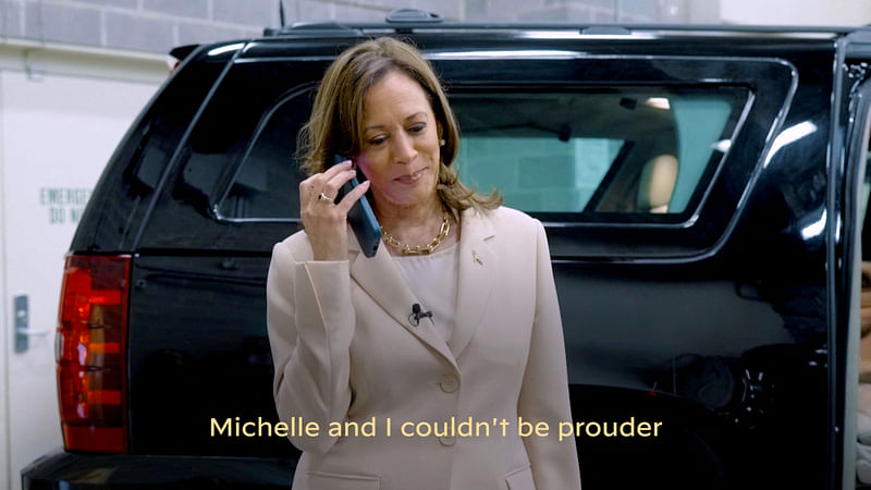 US Vice President Kamala Harris speaks on the phone with former President Barack Obama and former first lady Michelle Obama as the Obamas endorse Harris as the Democratic presidential candidate in this still image taken from a video released on 26 July 2024.