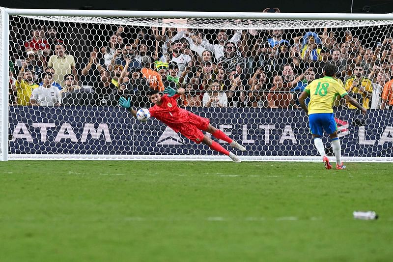 Brazil midfielder Douglas Luiz fails to score in a penalty shoot-out during the  quarter-final football match with Uruguay at Allegiant Stadium in Las Vegas, Nevada on 6 July, 2024.