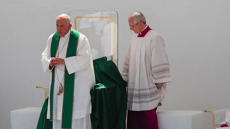 Pope Francis presides over a mass for the conclusion of the 50th Catholic Social Week at Piazza Unita d'Italia, in Trieste, Italy, 7 July 2024.