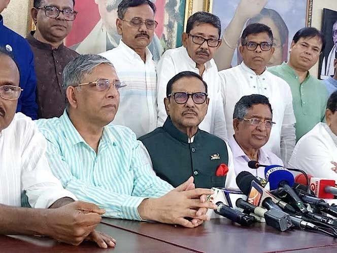 Awami League general secretary and road transport and bridges minister Obaidul Quader talks to the media on 15 July 2024