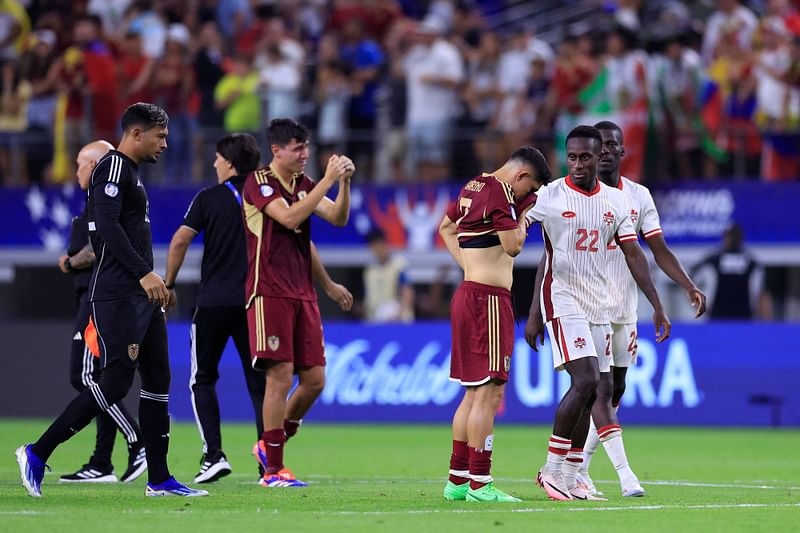 Jefferson Savarino of Venezuela reacts after the defeat in the CONMEBOL Copa America 2024 quarter-final match between Venezuela and Canada at AT&T Stadium on 5 July 2024 in Arlington, Texas.