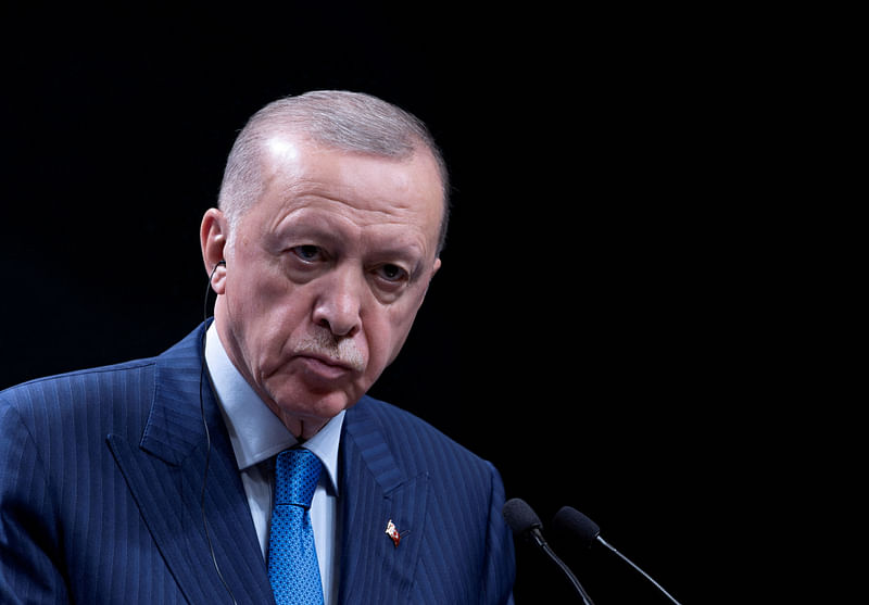 Turkey's president Tayyip Erdogan speaks during a press conference with Greek Prime Minister Kyriakos Mitsotakis (not seen) at the Presidential Palace in Ankara, Turkey, 13 May, 2024.