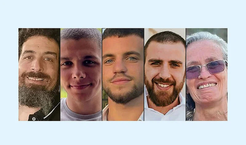 This combination of pictures provided on 25 July, 2024 by the Hostages Families Forum Headquarters, representing families of Israeli hostages held by Palestinian Hamas militants in Gaza, shows hostages (L to R) Ravid Katz, Kiril Brodski, Tomer Ahimas, Oren Goldin and Maya Goren before being kidnapped. Israeli forces retrieved the bodies of five people taken hostage in the Gaza Strip after they were killed during Hamas's October 7 attack on southern Israel, the military said on 25 July.