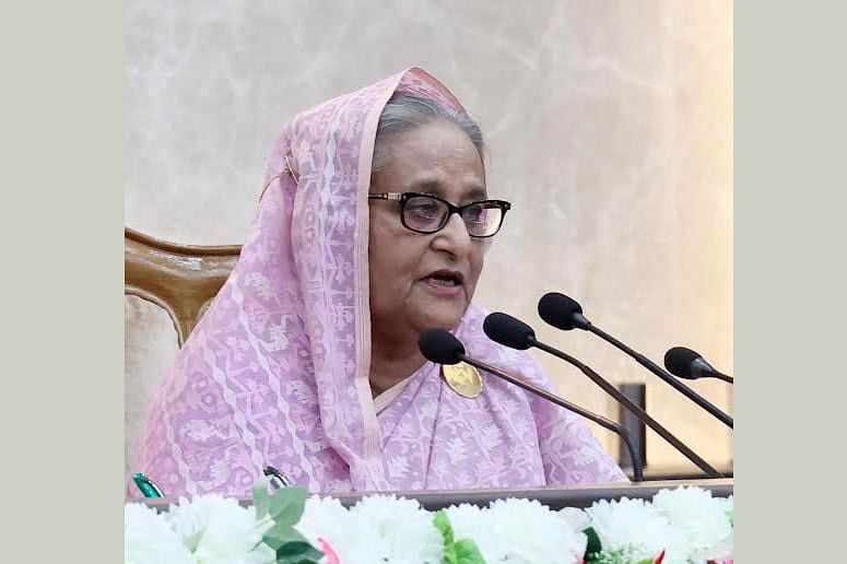 Prime Minister Sheikh Hasina addresses the signing ceremony of Annual Performance Agreements for the 2024-25 fiscal year at her office (PMO) in Dhaka on 15 July 2024