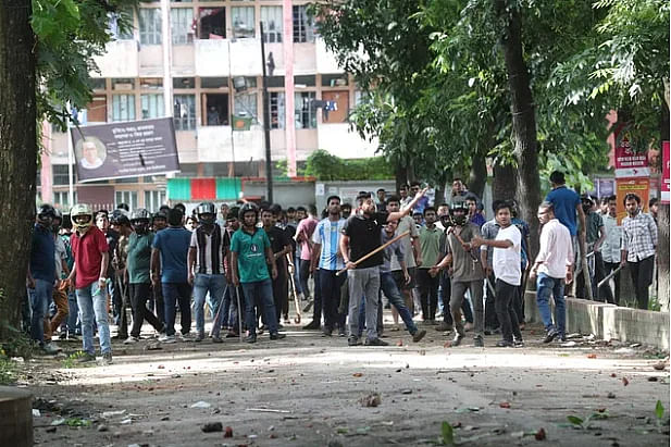 Chhatra League with helmets and sticks