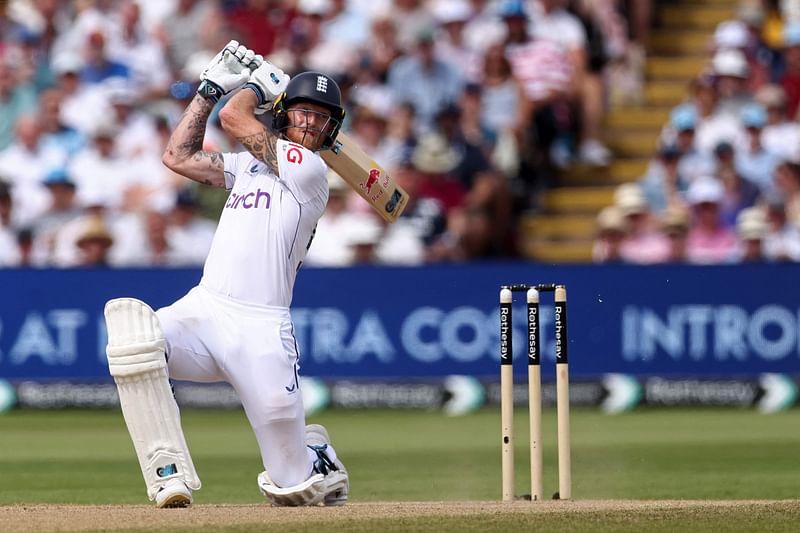 England's captain Ben Stokes plays a shot for four runs on the third day of the third Test cricket match between England and West Indies at Edgbaston in Birmingham, central England on July 28, 2024