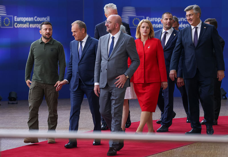 Ukraine's president Volodymyr Zelenskiy, Poland's prime minister Donald Tusk, European Council president Charles Michel, Latvia's prime minister Evika Silina, Croatia's prime minister Andrej Plenkovic and Malta's prime minister Robert Abela attend a European Union leaders' summit in Brussels, Belgium June 27, 2024