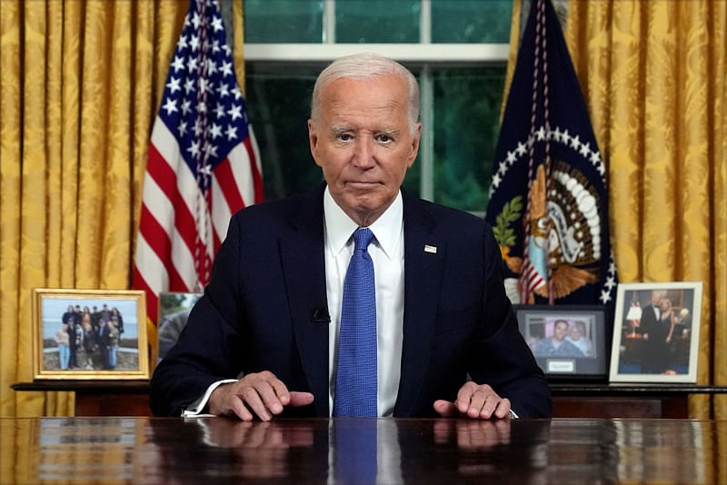 US president Joe Biden pauses as he concludes his address to the nation from the Oval Office of the White House in Washington, Wednesday, 24 July, 2024, about his decision to drop his Democratic presidential reelection bid.