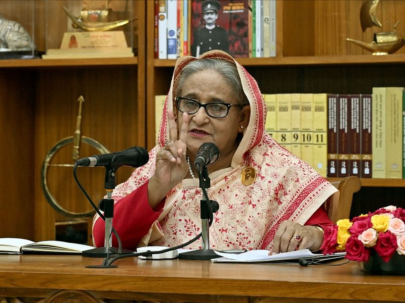 Prime Minister Sheikh Hasina speaks at a press conference at Ganabhaban on 14 July 2024.