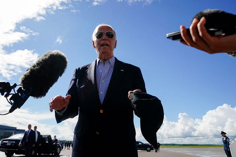 US President Joe Biden speaks to members of the media at Dane County Regional Airport, in Madison, Wisconsin, US, 5 July 2024.