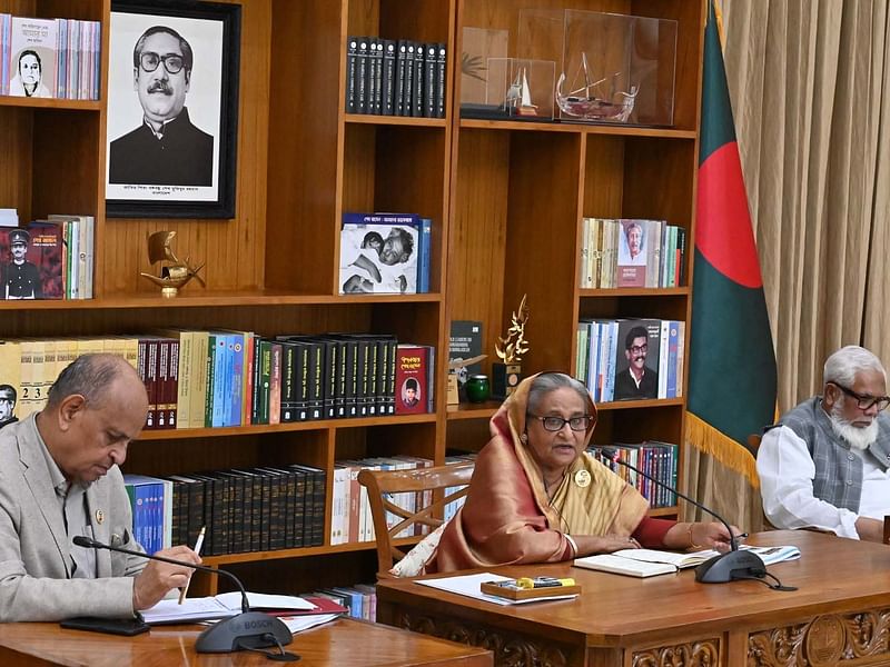 Prime minister Sheikh Hasina speaks at a programme on health sector at her official residence in Dhaka on 3 July, 2024.