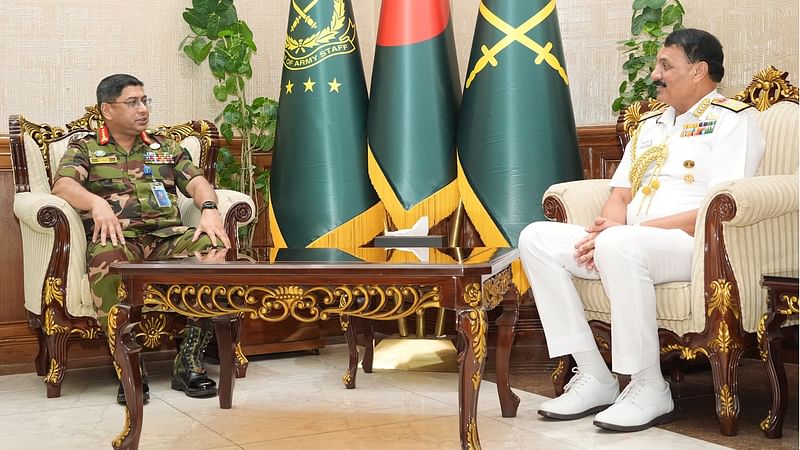 Visiting Indian Navy Chief Admiral Dinesh K Tripathi pay a courtesy call on Bangladesh Army Chief General Waker-Uz-Zaman at Army Headquarters in Dhaka on 1 July 2024.