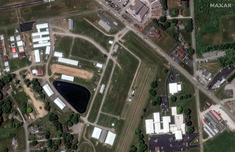 This handout archive satellite image released by Maxar Technologies shows an overview of Butler Farm Show Inc. in Butler, Pennsylvania, on 2 July 2023 where former US President and Republican presidential candidate Donald Trump held a rally on 13 July 2024.