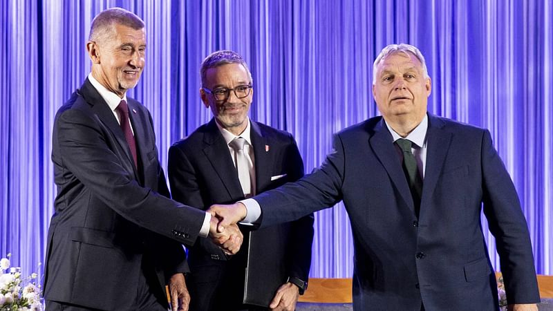 (L-R) Andrej Babis, leader of Czech Republic’s ANO party and former Czech Prime Minister, Hungary’s Prime Minister Viktor Orban and the leader of Austria’s Freedom Party (FPOe) Herbert Kickl shake hands during a joint press conference in Vienna, Austria, on 30 June, 2024