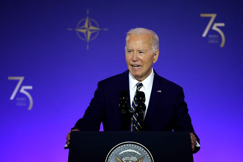 US President Joe Biden delivers remarks during the NATO 75th anniversary celebratory event at the Andrew Mellon Auditorium on 9 July, 2024 in Washington, DC