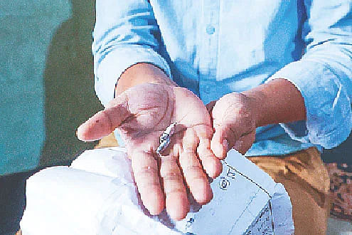 The father shows the bullet that claimed his only son's life inside the residence during clashes over the quota reform movement at Mirpur in Dhaka on 19 July, 2024.