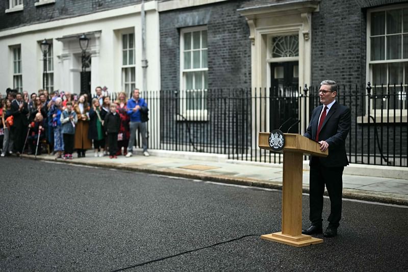 Britain's incoming Prime Minister and leader of the Labour Party Keir Starmer, stands at the podium as he addresses the nation after his general election victory, outside 10 Downing Street in London on 5 July 2024, a day after Britain held a general election.