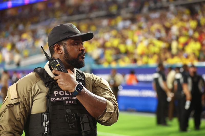 Police stands guard at the pitch prior to the CONMEBOL Copa America 2024 Final match between Argentina and Colombia at Hard Rock Stadium on July 14, 2024 in Miami Gardens, Florida.