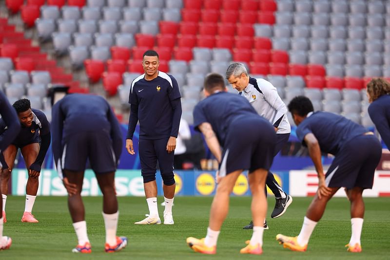 France's forward #10 Kylian Mbappe and his teammates take part in a MD-1 training session at the Munich Football Arena in Munich, southern Germany, on July 8, 2024, on the eve of their he UEFA Euro 2024 semi-final football match against Spain.