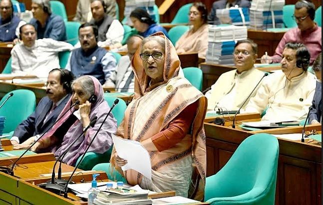 Prime Minister and Leader of the House Sheikh Hasina gives valedictory speech in the third and budget session of the 12th parliament with Speaker Shirin Sharmin Chaudhury in the chair on 3 July 2024