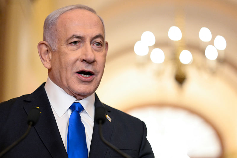 Israeli prime minister Benjamin Netanyahu speaks with reporters on the day of his address to a joint meeting of Congress at the US Capitol, in Washington, US, 24 July, 2024.