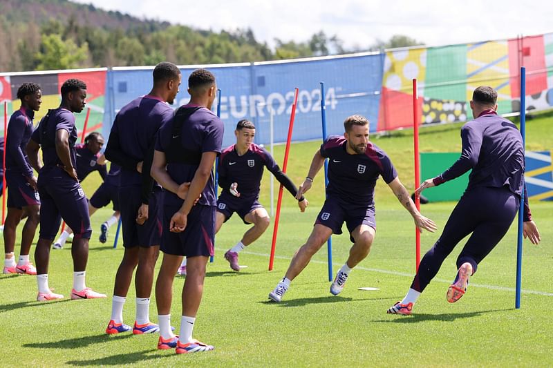 England's players attend an MD-1 training session at the team's base camp in Blankenhain, on 13 July 2024, on the eve of their UEFA Euro 2024 final football match against Spain.