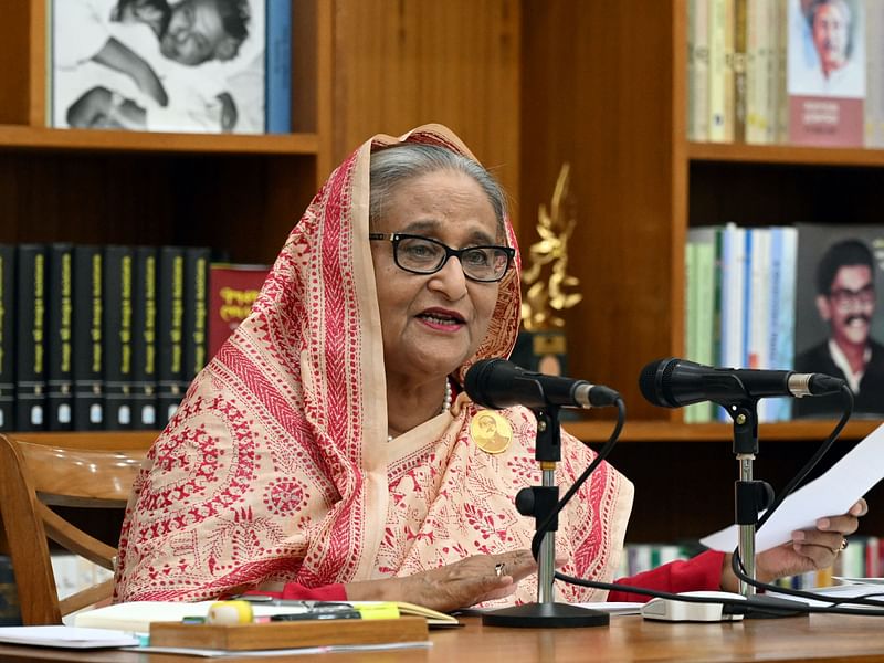 Prime Minister Sheikh Hasina speaks at a press conference in Dhaka on 14 July, 2024.