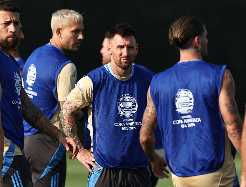 Argentina's Lionel Messi during training with teammates at  RBNY Training Facility, East Hanover, New Jersey, United States on 8 July 2024.