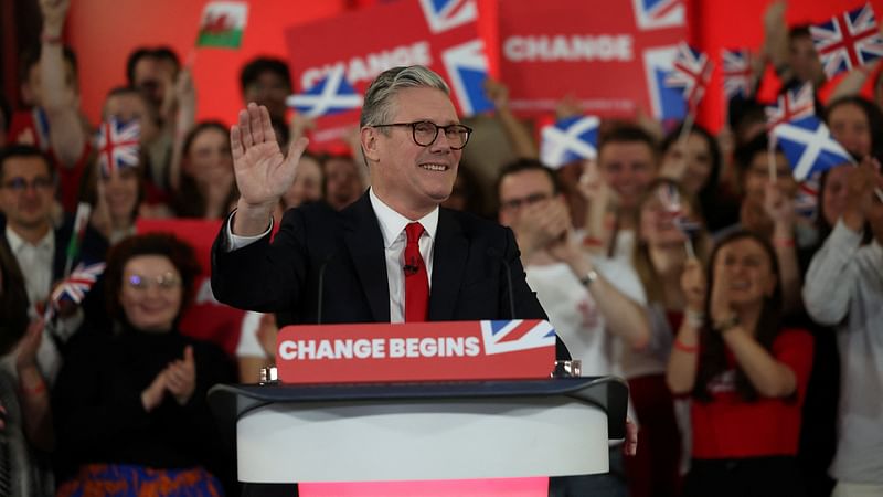 Keir Starmer, leader of Britain’s Labour party, reacts as he speaks at a reception to celebrate his win in the election, at Tate Modern, in London, Britain, 5 July, 2024