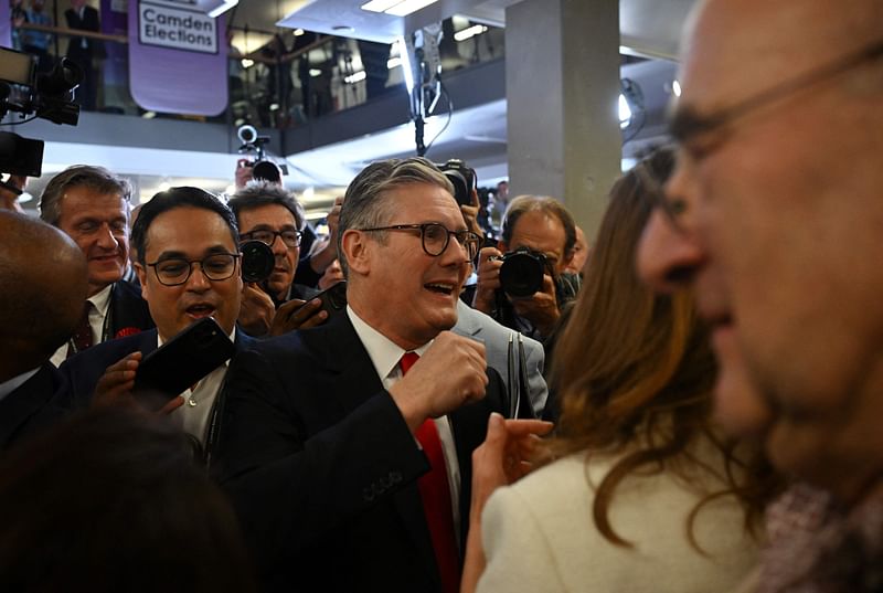 Britain’s Labour Party leader Keir Starmer arrives for the declaration of results at the Camden Council count centre in London early on 5 July, 2024 as polls close in Britain’s general election. Britain’s main opposition Labour party looks set for a landslide election win, exit polls indicated, with Keir Starmer replacing Rishi Sunak as prime minister, ending 14 years of Conservative rule