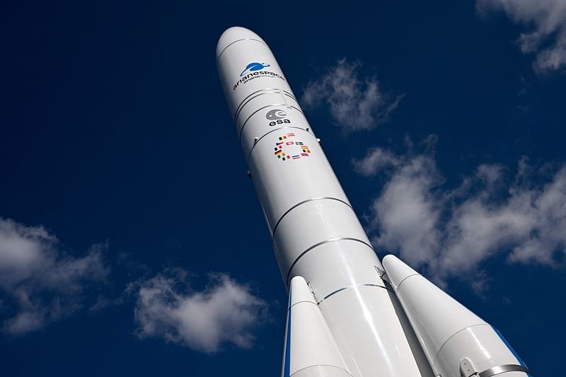 An Ariane 6 launcher is on display at the entrance of the 73rd International Astronautical Congress, held at the Paris Convention Centre in Paris, on 18 September 2022