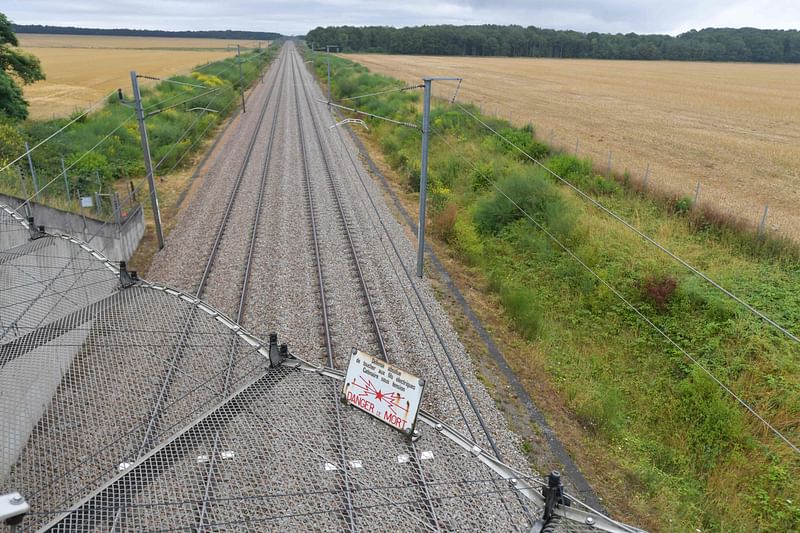 This photograph shows a railway connection in Vald' Yerres, near Chartres on 26 July 2024, as France's high-speed rail network was hit by an attack disrupting the transport system, hours before the opening ceremony of the Paris 2024 Olympic Games.